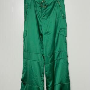 Green satin cargo pants with